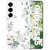 Tcaraersing for Samsung Galaxy S25 Flower Case Magnetic [Compatible with MagSafe] Floral Pattern Clear Shockproof [Hard PC Back Soft TPU Edge] Slim Cover for Girls Women, Magnolia