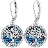 Friggem 925 Sterling Silver Earrings Tree of Life/Cat/Animal/Turquoise/Moonstone Dangle Drop Earrings for Women Leverback Earring Hypoallergenic Jewelry Gifts