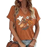 Women Fall Halloween Doodles V Neck Shirt Cute Vintage Graphic Halloween Party Tshirt Pumpkin Graphic Thanksgiving Tops