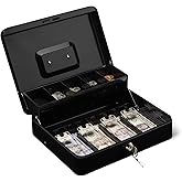 Amazon Basics Cash Box with Lock Key, Money Organizer Tray, 11.81" x 9.45" x 3.54", Black