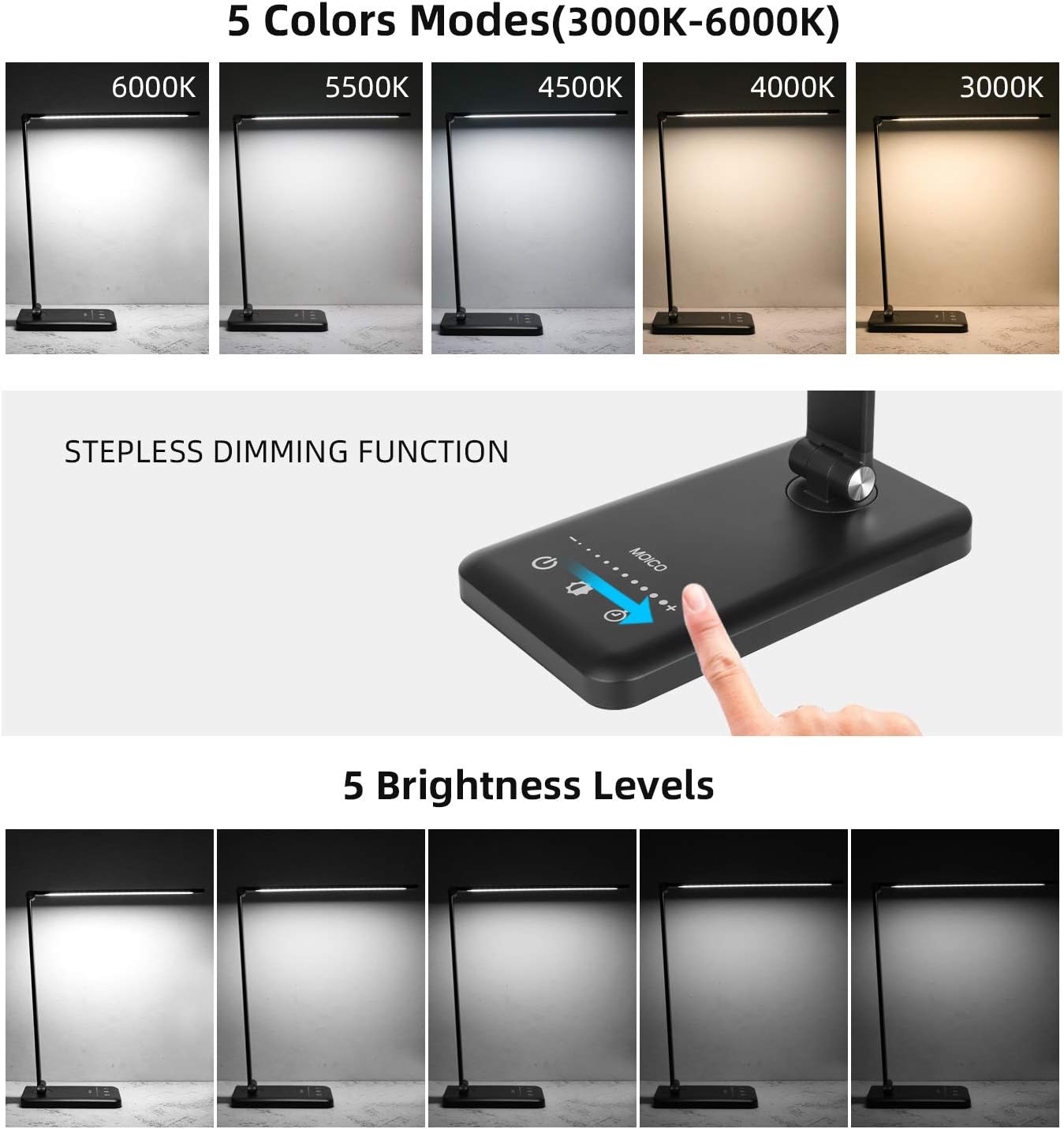 LED Desk Lamp - Office Desk Lamps with USB Charging Port and 2000mah Battery, Dimmable Eye-Caring Table Lamp with 5 Color Modes and 5 Brightness Levels, Timer/Memory Function Lamp for Working, Reading - - 