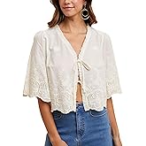 Esmeling Women’s Floral Embroidery Short Sleeves Shirt V Neck Summer Scallop Edge Bow Tie Front Blouse