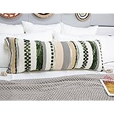 PANOD Boho Long Lumbar Throw Pillow Cover 14 x 36 Dark Green, Chenille Morocan Extra Long Pillow Case Cover, Decorative Long Pillow for Bed Couch Sofa Farmhouse