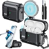 JOREMX for AirPods Pro 3 Case (2025) with Phone Stand,(with Automatic Snap Switch) Carbon Fiber Design Protection Cover for Airpods Pro 3 Gen with Cleaning Pen,Balck