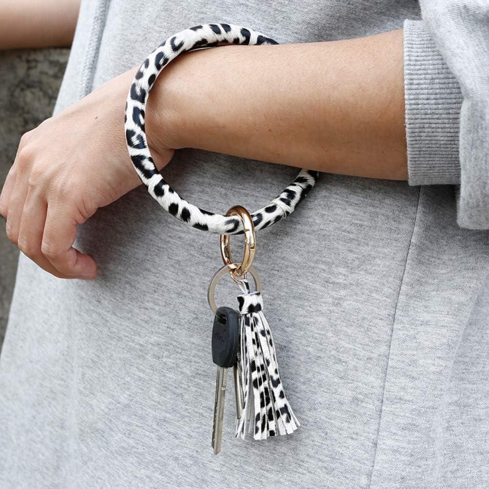 TOPBATHY Bangle Key Ring PU Leather Round Bracelet Wristlet Keychain Car Key Holder Bag Charm Pendant for Women Girl Gift (White) - Image 3