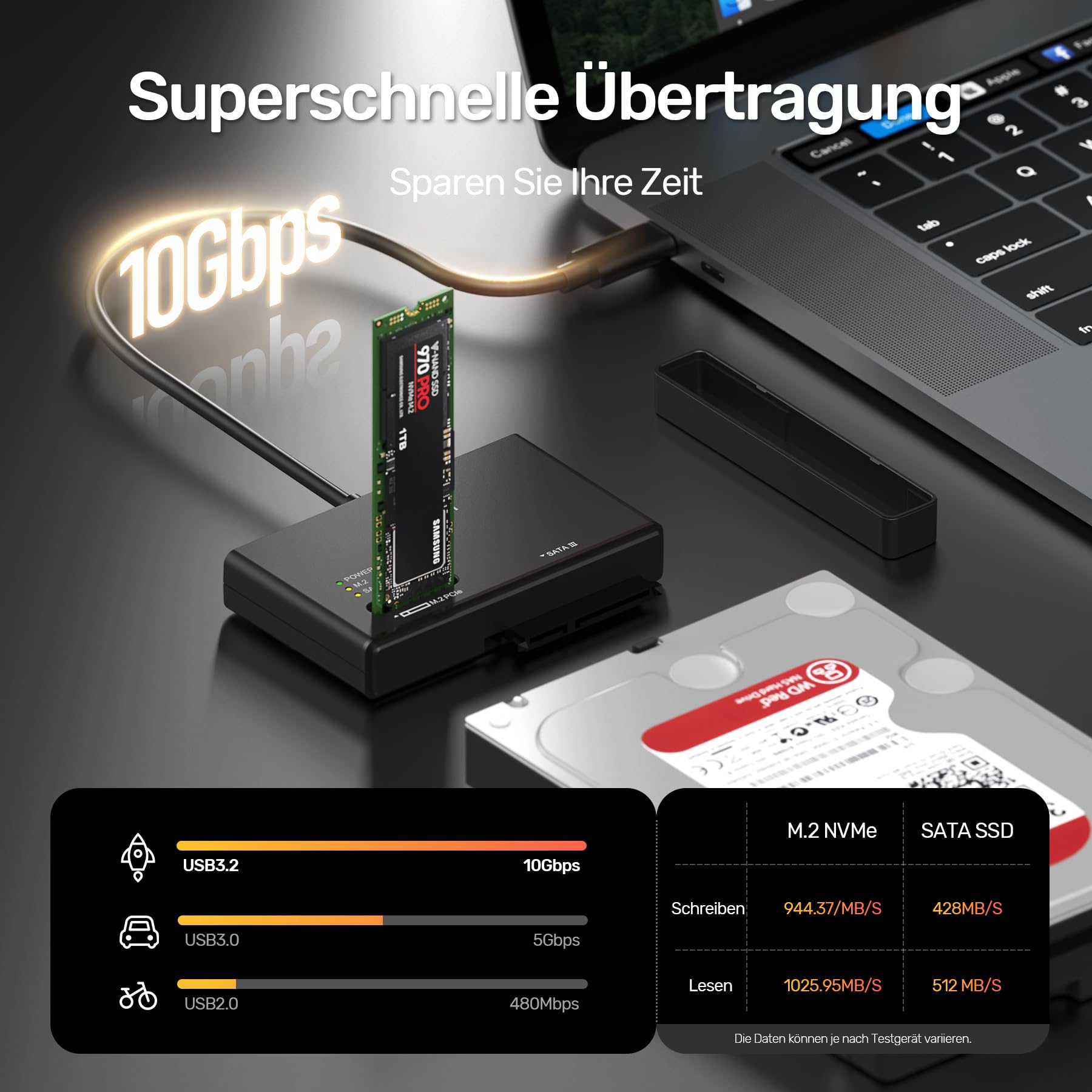 Alxum M2 NVME Gehäuse und SATA Adapter, 10Gbps M2 SSD Gehäuse, USB 3.2 Typ C M.2 SSD USB Adapter für M.2 PCIe/Nvme, AHCI SATA HDD Festplatten Case 2