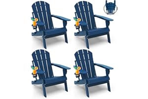 GREENVINES Folding-Adirondack-Chairs-Set-of-4 | HDPE Plastic | Fire Pit Chair | All Weather | Cup Holder | Blue | for Deck Backyard Patio Outdoor Garden
