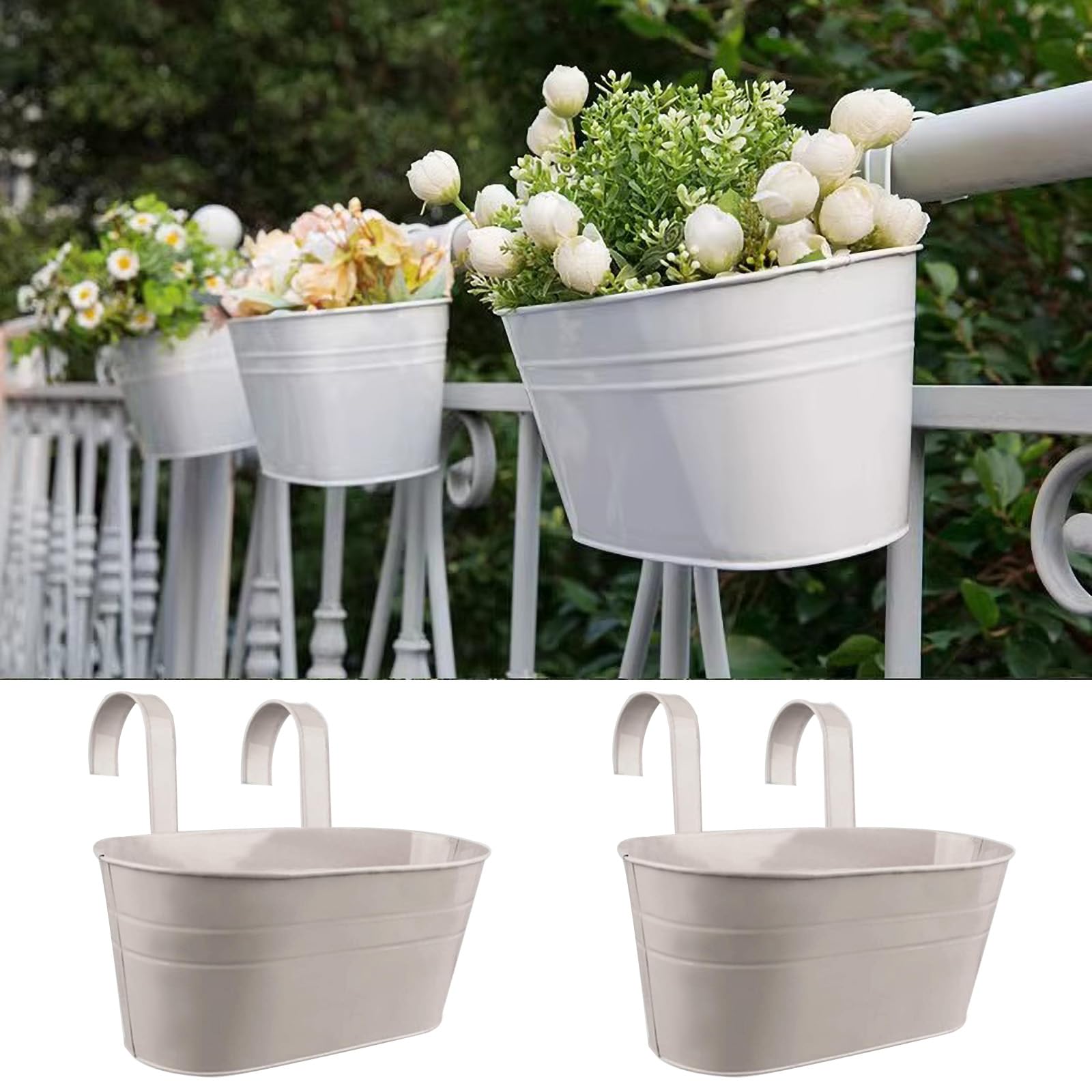 Photo 1 of 2 Pack Metal Iron Hanging Flower Pot, Oval Railing Planter Fence Garden Balcony Planter Hanging Plant Pot Metal Bucket Flower Holders with Detachable Hooks for Outdoor Indoor Home Décor(Grey)