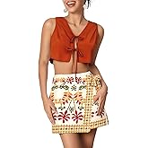 winkbay Women's 2 Piece Beach Vacation Outfits Tie Front Crop Tank Top and Boho Print Wrap Mini Skirt Set