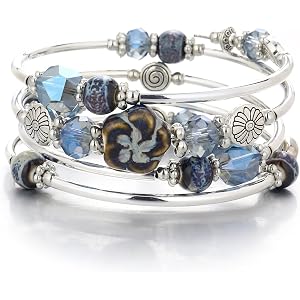 FULU AUTUMN Boho Silver Bracelets for Women Beaded Wrap Bracelet with Ceramic Flower and Crystal Beads - Chunky Cuff Bangle J