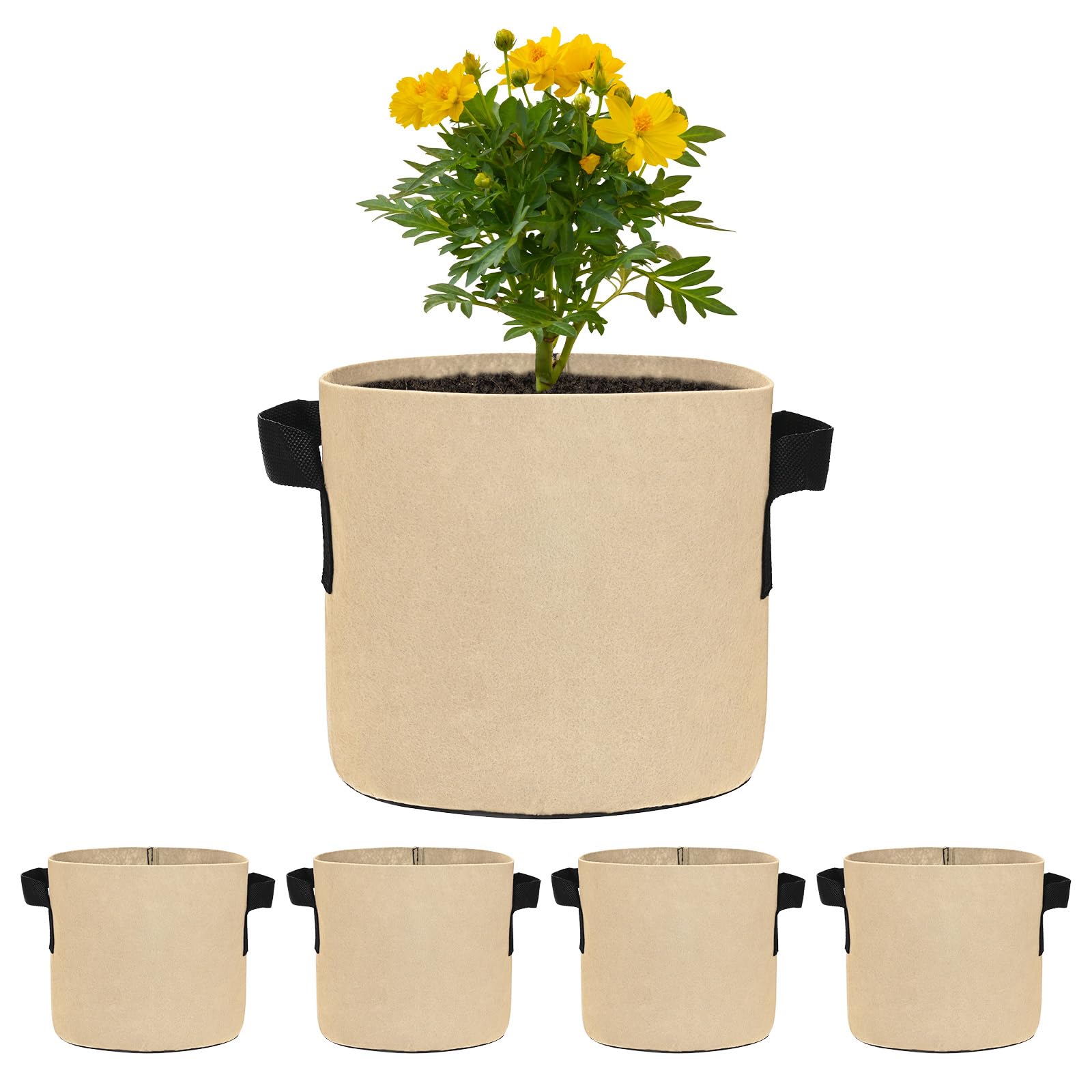 M METERXITY 5-Pack Plant Grow Bags 2 Gallon Grow Bags 300G Thickened Fabric Pots with Durable Handles Plant Garden Grow Pots for Fruits/Vegetables/Flowers/Plants [Khaki]