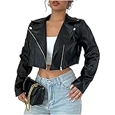 OYOANGLE Women's PU Leather Cropped Jacket Zip Up Motorcycle Jackets Coat