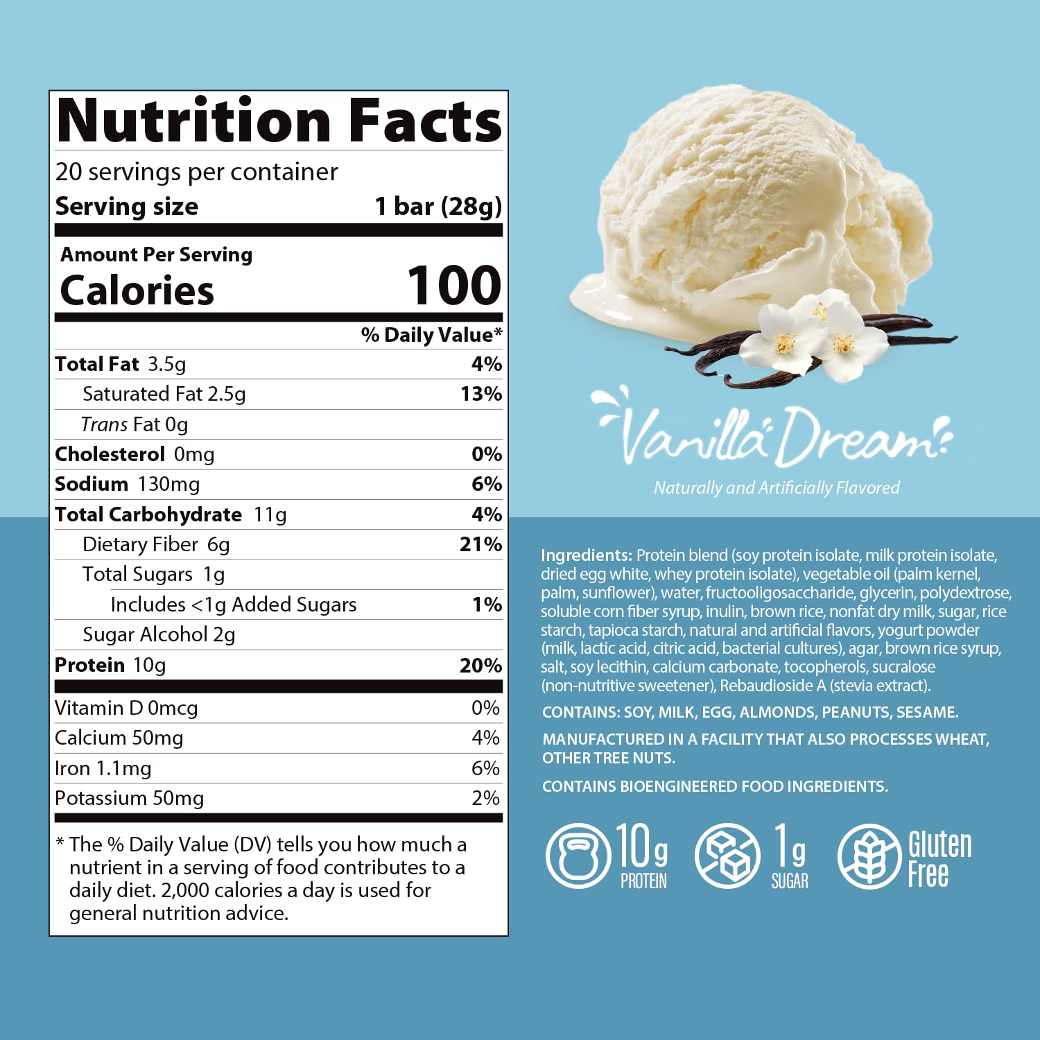 Genius Gourmet Crispy Protein Treat, Vanilla Dream, Keto Snack, Low Carb, Low Sugar & Gluten Free, Protein Snacks for Adults, 10G of Whey Protein per Protein Bar, 5 Net Carbs, On The Go Snack, 10 CT