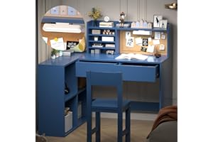 NKUGCFC Kids Study Desk with 3-Color Lights,with Drawers and Shelves,KidsDesk with Bulletin Board, 41in*31in Blue Kids Desk and Chair Set for 5-12 Year Old, Kids Corner Desk and Chair set-Ds40