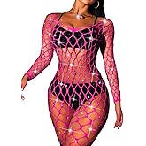 ChiaoLezhee Fishnet Jumpsuit Fits All Size, Rave Outfits Sparkly Rhinestone, Sexy Exotic Dancewear For Women Plus Size