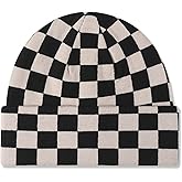 LumiSyne Knitted Beanie - Men Women Checkerboard Pattern Cuffed Slouchy Stretchy Warm Winter Hat Baggy Skull Cap