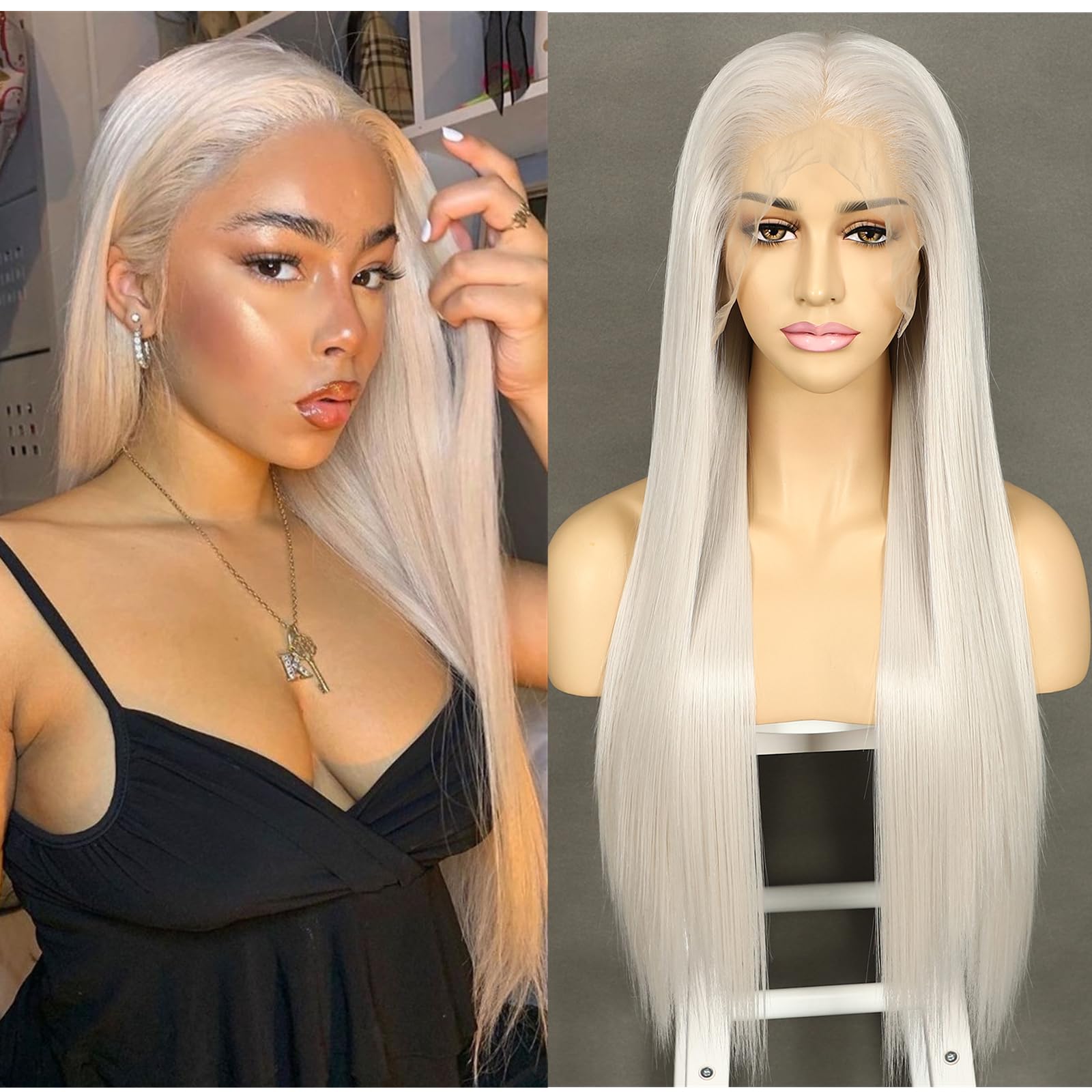 Sapphirewigs Platinum Grey Straight Lace Front Wigs 13x6 Long Straight Wig for Women Lace Front Synthetic Hair 150% Density Party Daily Wear Heat Resistant 26inch — image 1