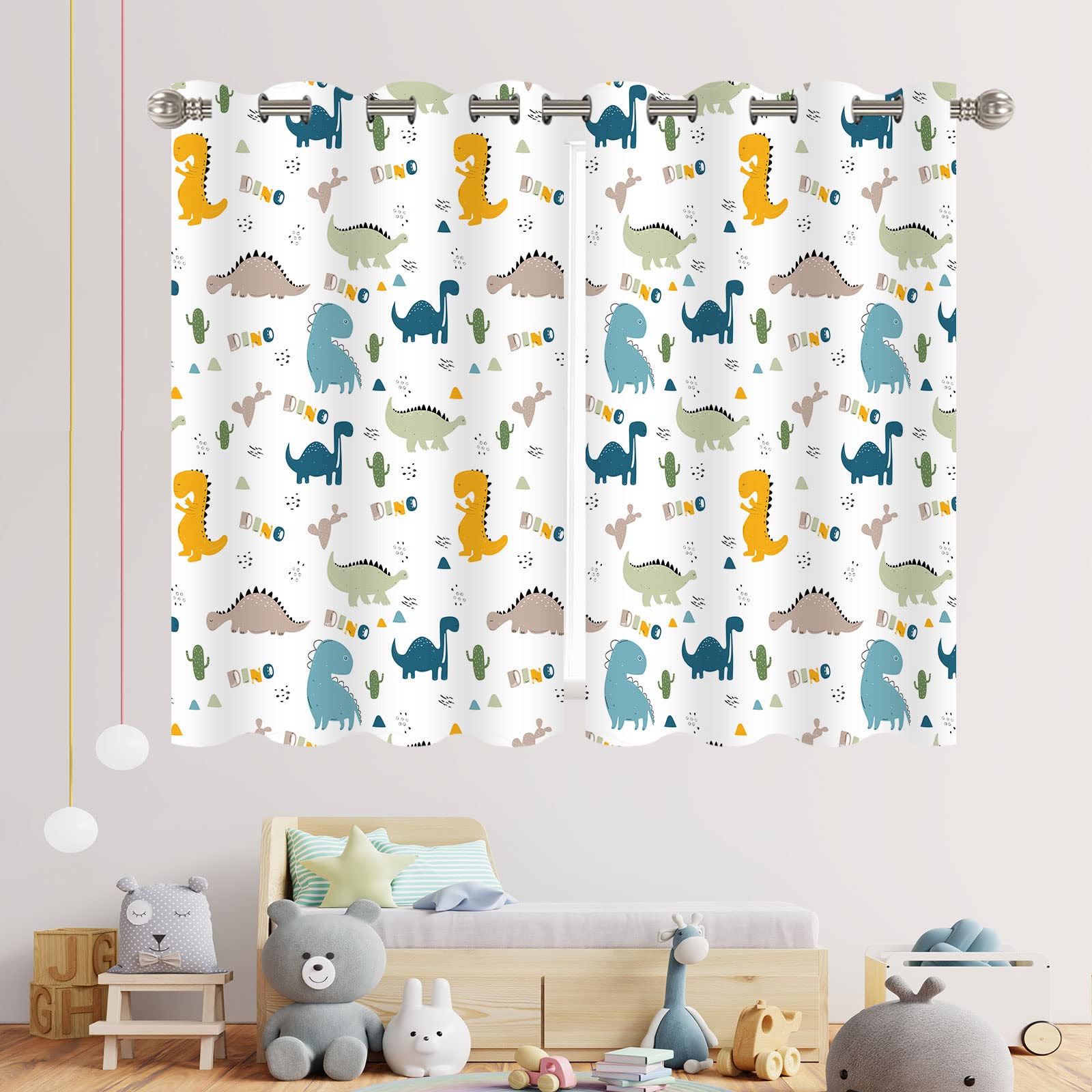 YISURE Nursery Blackout Curtains, Cute Cartoon Dinosaur Curtains for Kids' Bedroom, Darkening Eyelet Window Drapes with Grommets- 52x63 Inch 2 Panels
