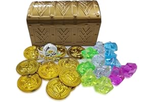 HOPELJ Kids Pirate Treasure Chest Toy Box Gold Finish Vintage Pirate Jewelry Box Kids Storage Treasure Chest with (12 Plastic Gold Coins+12Gems+1Rings)