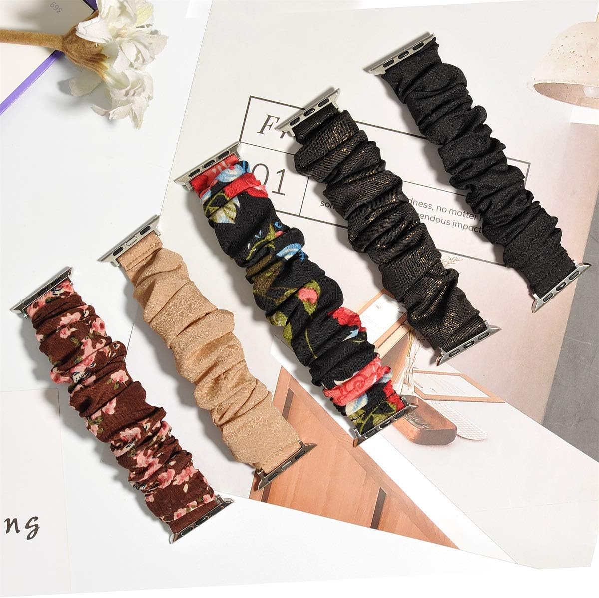 TOYOUTHS Compatible with Apple Watch Band Scrunchies 38mm Cloth Soft Pattern Printed Fabric Bracelet Women Rose Gold IWatch Cute Elastic Scrunchy Bands 40mm Series SE 6 5 4 3 2 1(Black S)