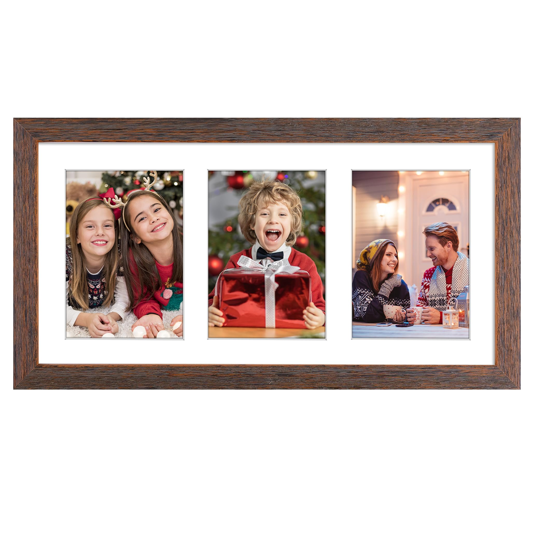 Golden State Art, 9x18 Distressed Brown Wood Frame - White Mat for Three 5x7 Pictures - Sawtooth Hangers- Swivel Tabs - Wall Mounting - Landscape/Portrait - Real Glass - Collage Frame, 1 Pack