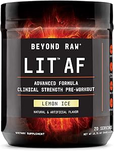 Beyond Raw LIT AF | Advanced Formula Clinical Strength Pre-Workout Powder | Contains Caffeine, L-Citruline, and Nitrosigine | Lemon Ice | 20 Servings