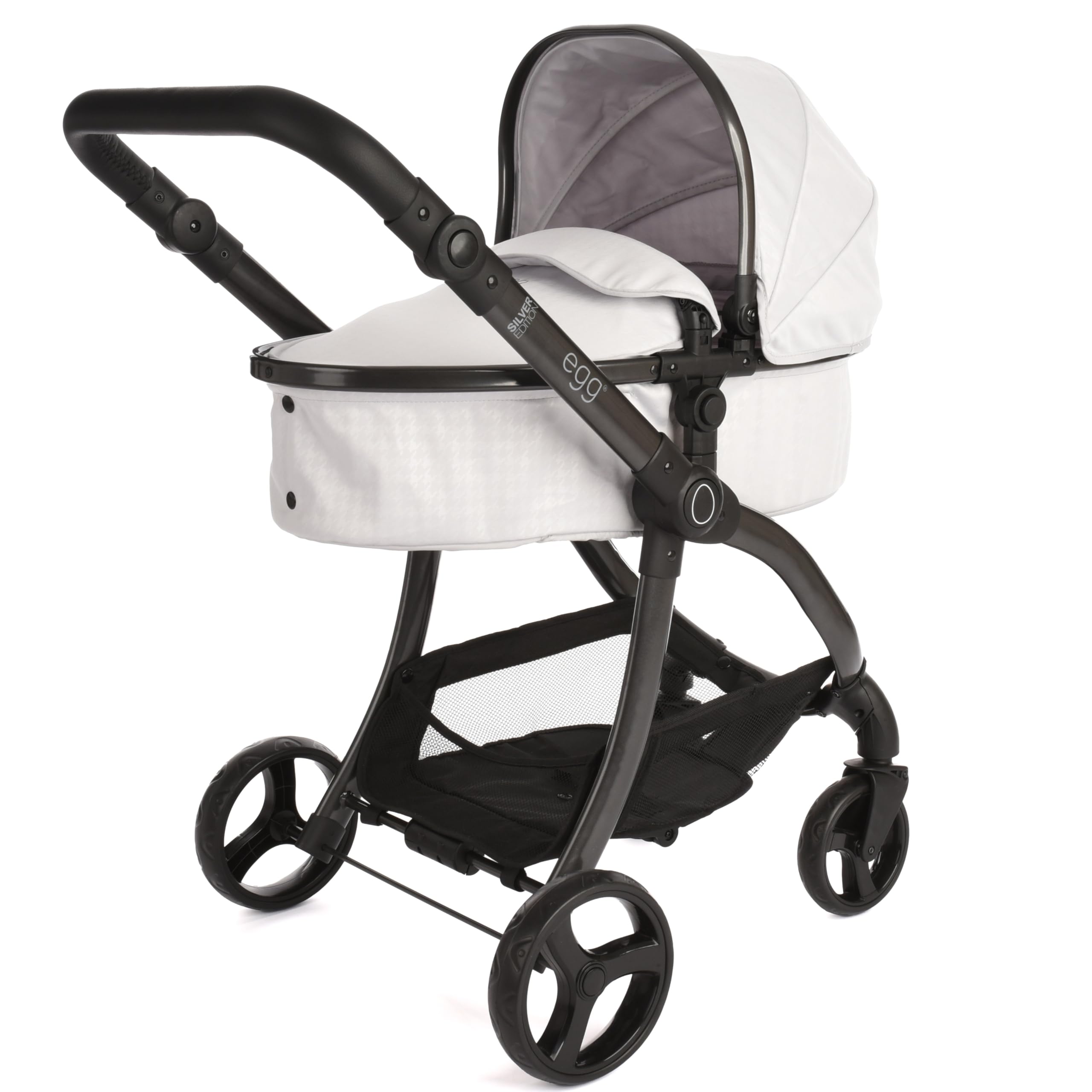 Roma egg 2-in-1 Baby Toy Dolls Pram - Houndstooth Silver Toy Pushchair with Adjustable Handle, Cocoa Leatherette, 3-Point Harness, Lightweight Frame, Perfect for Reborns & Teddies