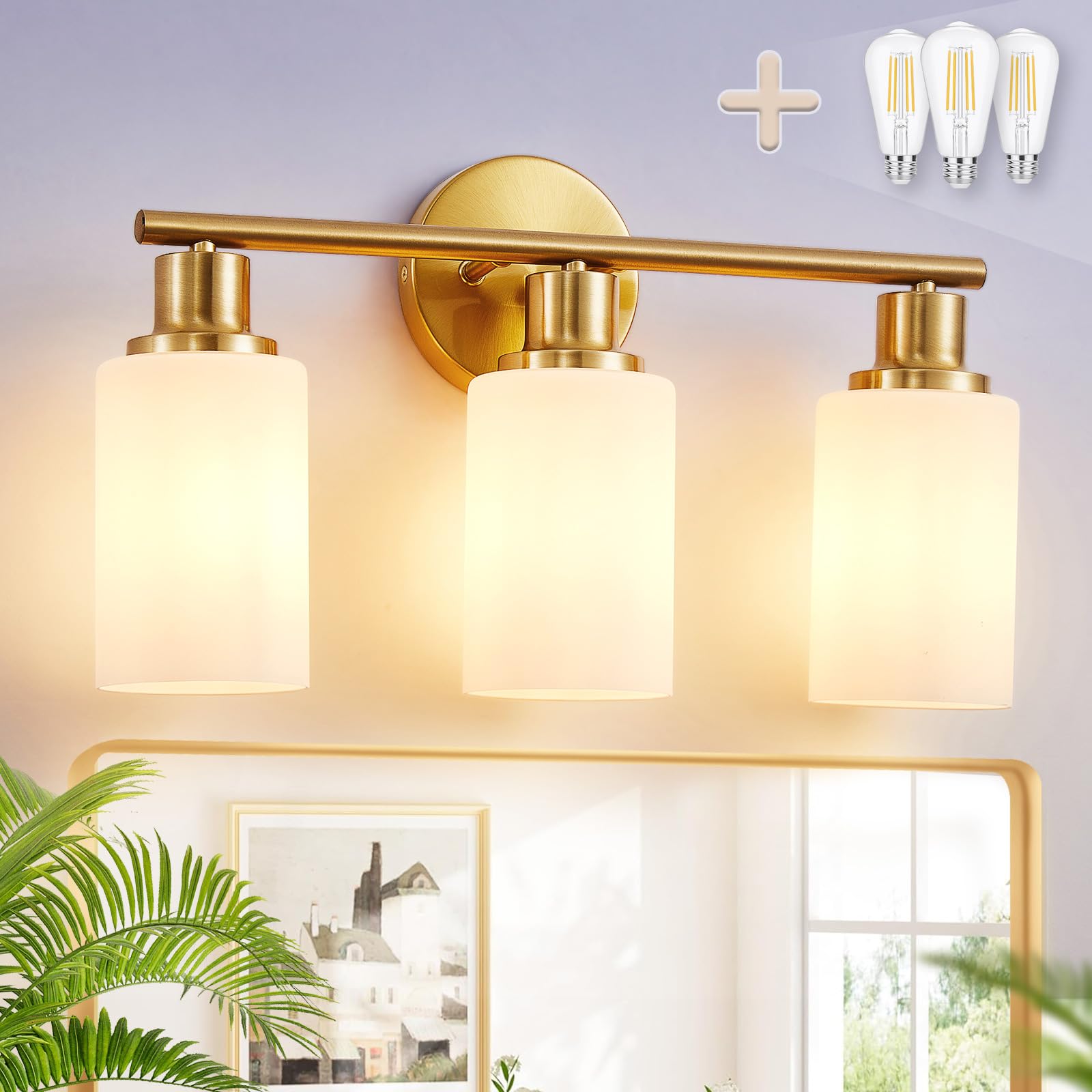 DLLT 3-Light Bathroom Light Fixtures: Gold Modern Vanity Lights with E26 Bulbs - Milky White Glass Shade Bathroom Wall Lamp for Mirror Kitchen Living Room Hallway Cabinet Porch Image