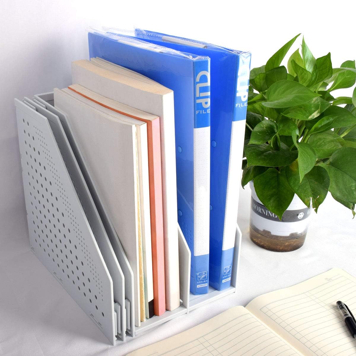Marte Vanci Collapsible Magazine File Holder Desktop Book Organiser Lever Arch File Storage Folder Document Rack Divider Adjustable for Office School Desk Shelves 4 Compartment (Light Grey) - Image 5