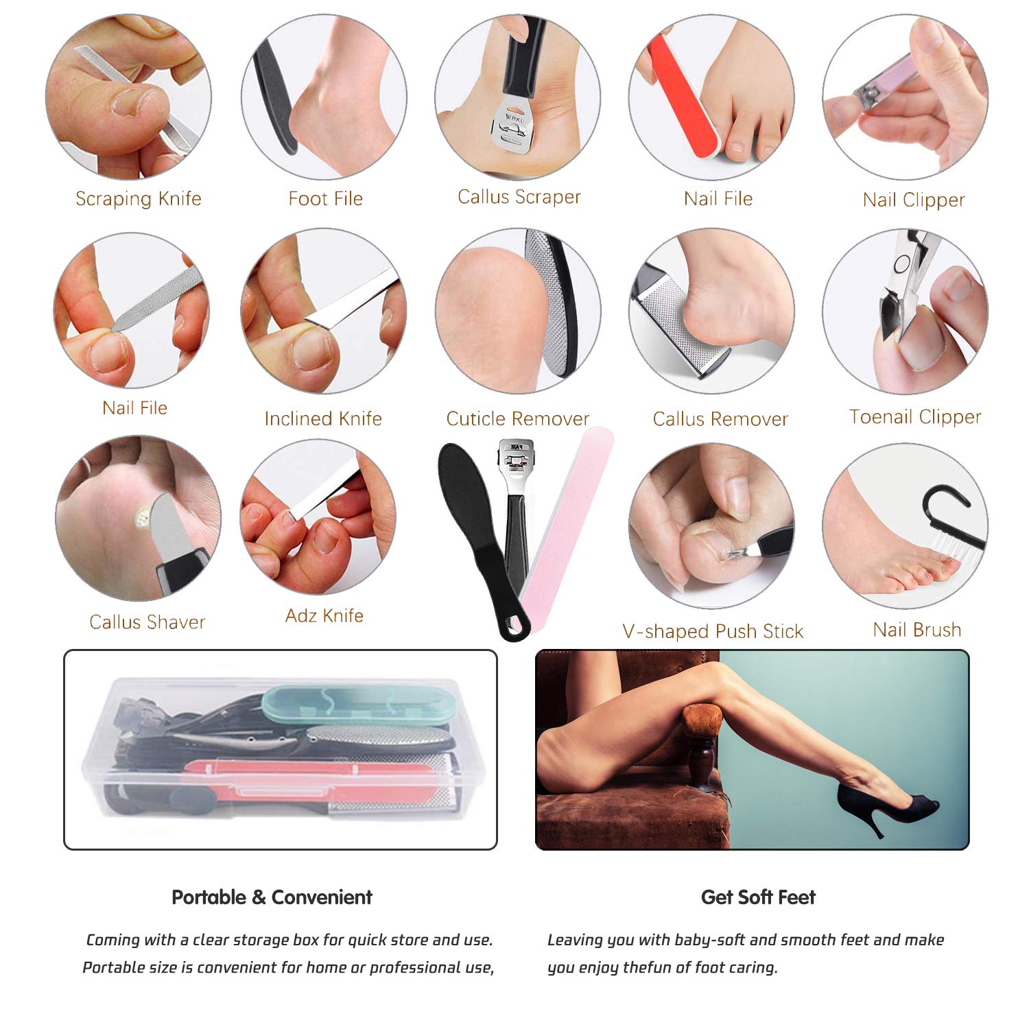 Professional Pedicure Kit(17in1), Stainless Steel Foot File Exfoliating Prevent Clean Dead Skin Tool Kit, Nail Toenail Clipper Foot Care Kit for Men, Women, Salon, Home (Black) : Beauty