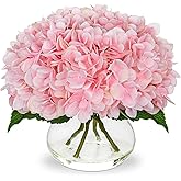 Hollyone Hydrangea Artificial Flowers with Glass Vase Pink Silk Faux Flowers Arrangements with Clear Faux Water Fake Floral Bulk Bouquet for Home Decor Table Centerpiece Decorations