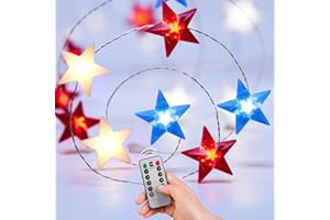 Minetom 4th of July Decorations 11 FT 30 LED Red White and Blue Lights Battery Operated, Patriotic Star String Lights with Remote & Timer for Independence Day Memorial Day Fourth of July