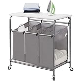 STORAGE MANIAC 3-Section Laundry Sorter with Foldable Ironing Board, Heavy-Duty Rolling Laundry Cart with and Removable Bags, Triple Laundry Hamper with Wheels, Dark Grey