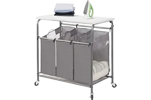 STORAGE MANIAC 3-Section Laundry Sorter with Foldable Ironing Board, Heavy-Duty Rolling Laundry Cart with and Removable Bags, Triple Laundry Hamper with Wheels, Dark Grey