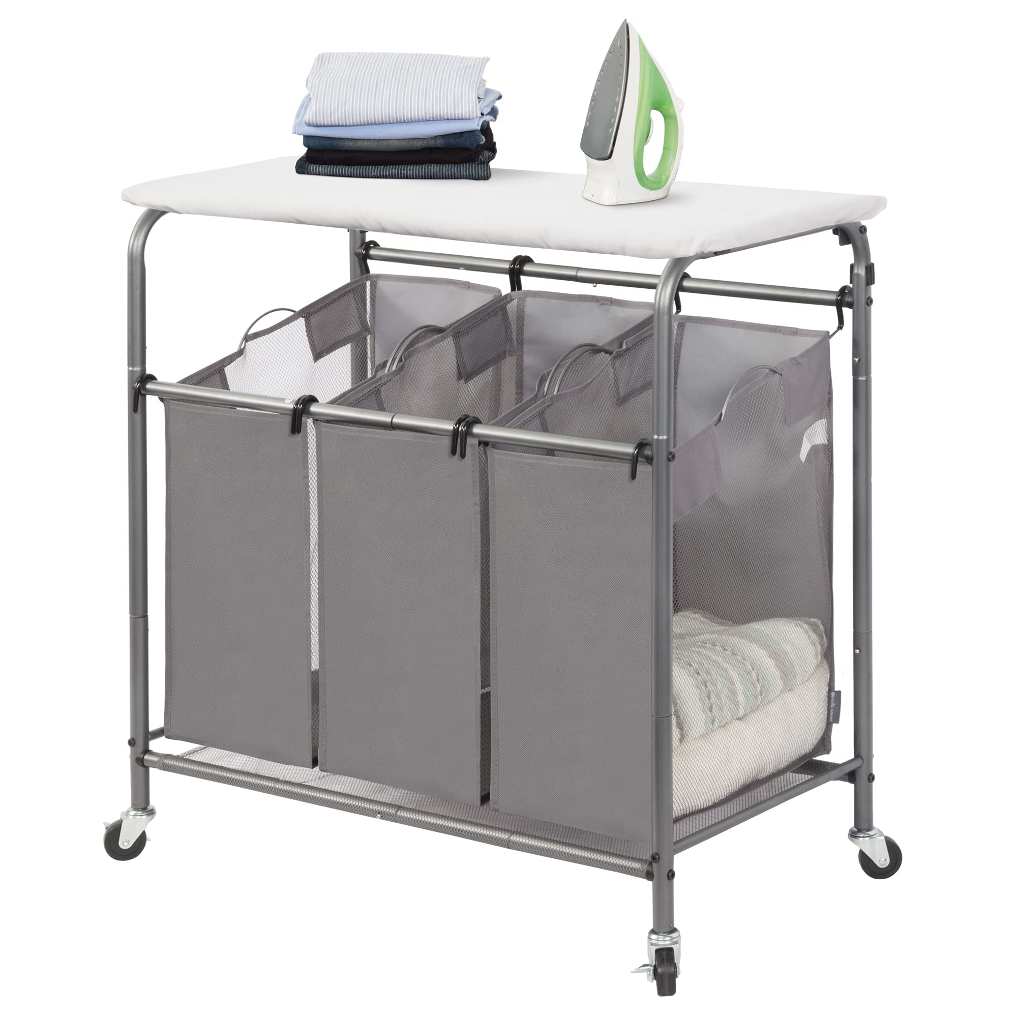 Photo 1 of (missing pieces) STORAGE MANIAC 3-Section Laundry Sorter with Foldable Ironing Board, Heavy-Duty Rolling Laundry Cart with and Removable Bags