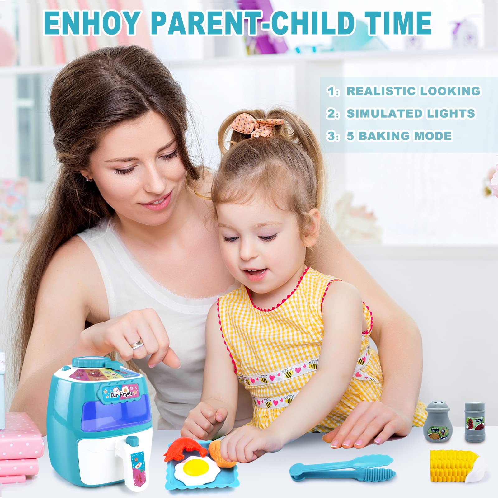 Toy Air Fryer, Play Kitchen Appliances with Music and Light, Pretend Play Food Set for Toddlers, Kids, Kitchen Playset Music & Color Changing Foods, Gift for Boys and Girls 2 3 4 5 Years Old