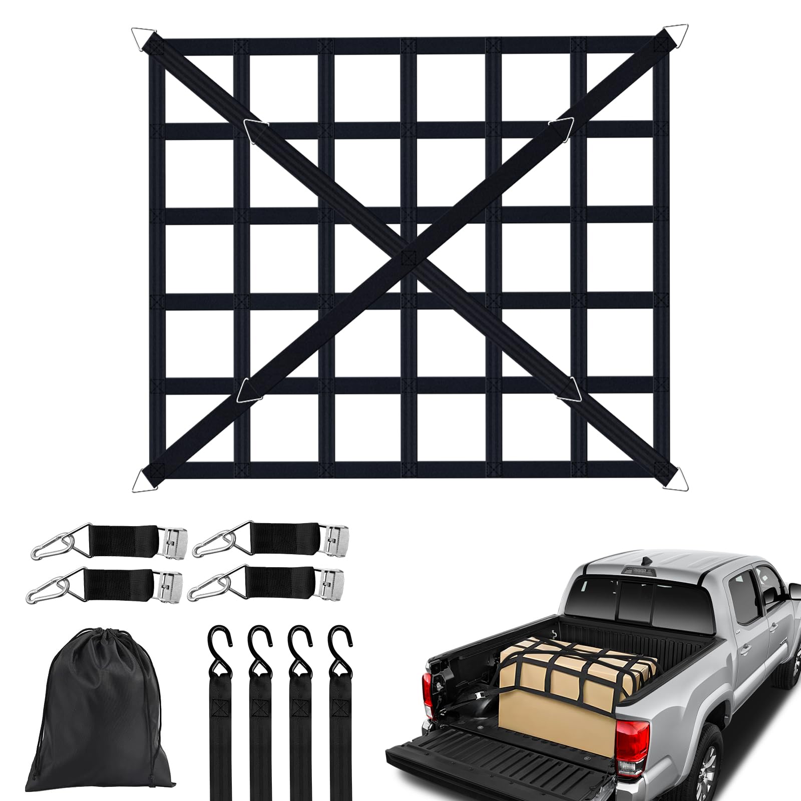 View 1 of Cargo Net for Pickup Truck Bed, Heavy Duty 1100 lbs Capacity, Adjustable Cam Buckles & S-Hooks, Thick Herringbone Nylon, with Drawstring Storage Bag for Trailers and Trucks (50in*43in)