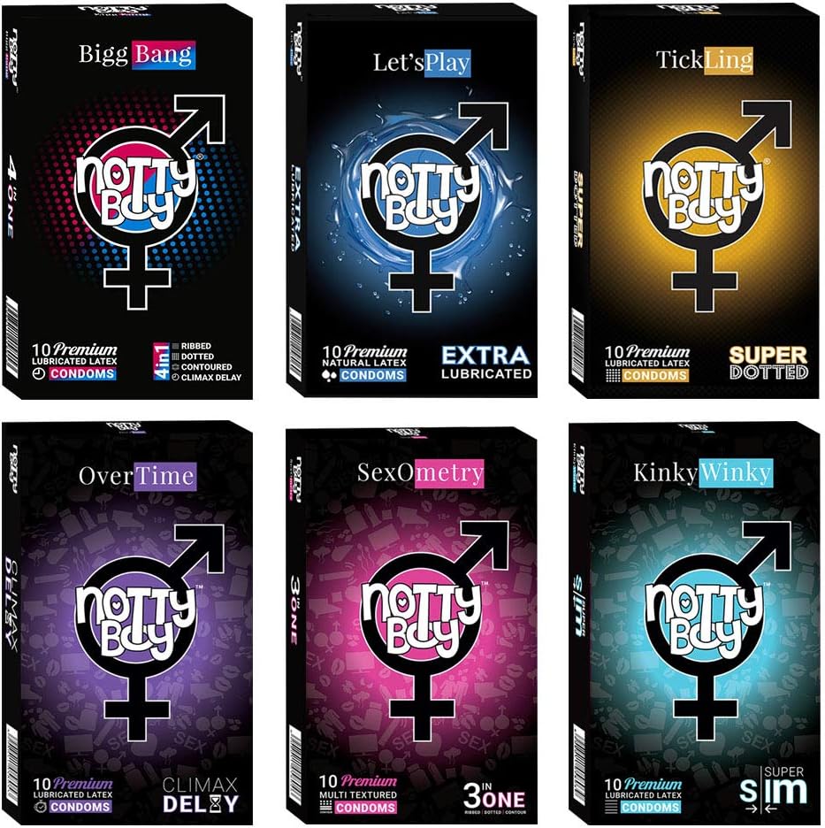 NottyBoy Large Pack of 60 Condoms with 6 Types of Condom, Clear, 10 count (Pack of 6)
