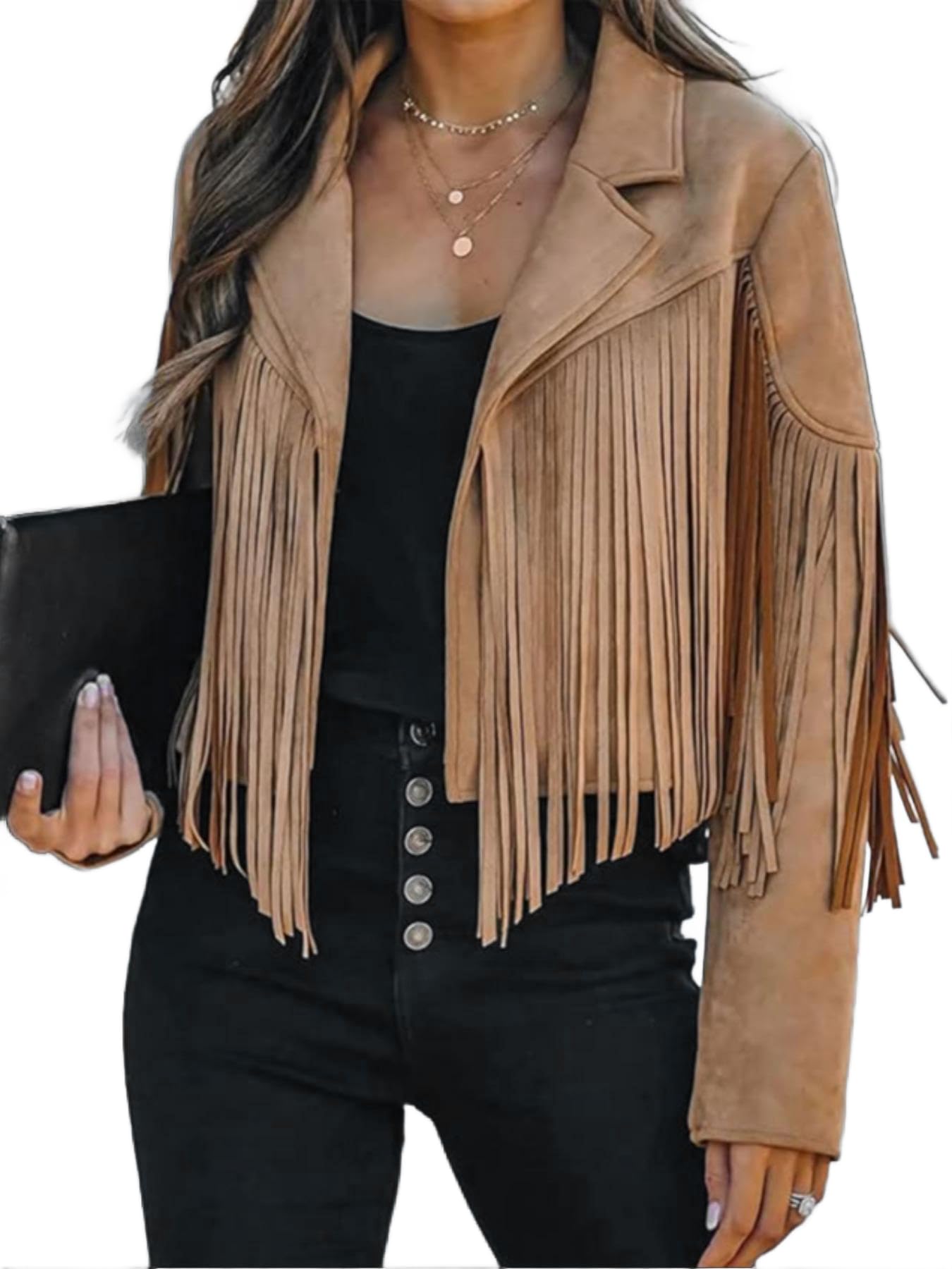 Photo 1 of Bibowa Faux Suede Leather Jackets for Women Trendy Cowgirl Outfits Fall Western Fringe Cropped Jacket 2025 Tassel Motorcycle Crop Coats Winter Dark Khaki L