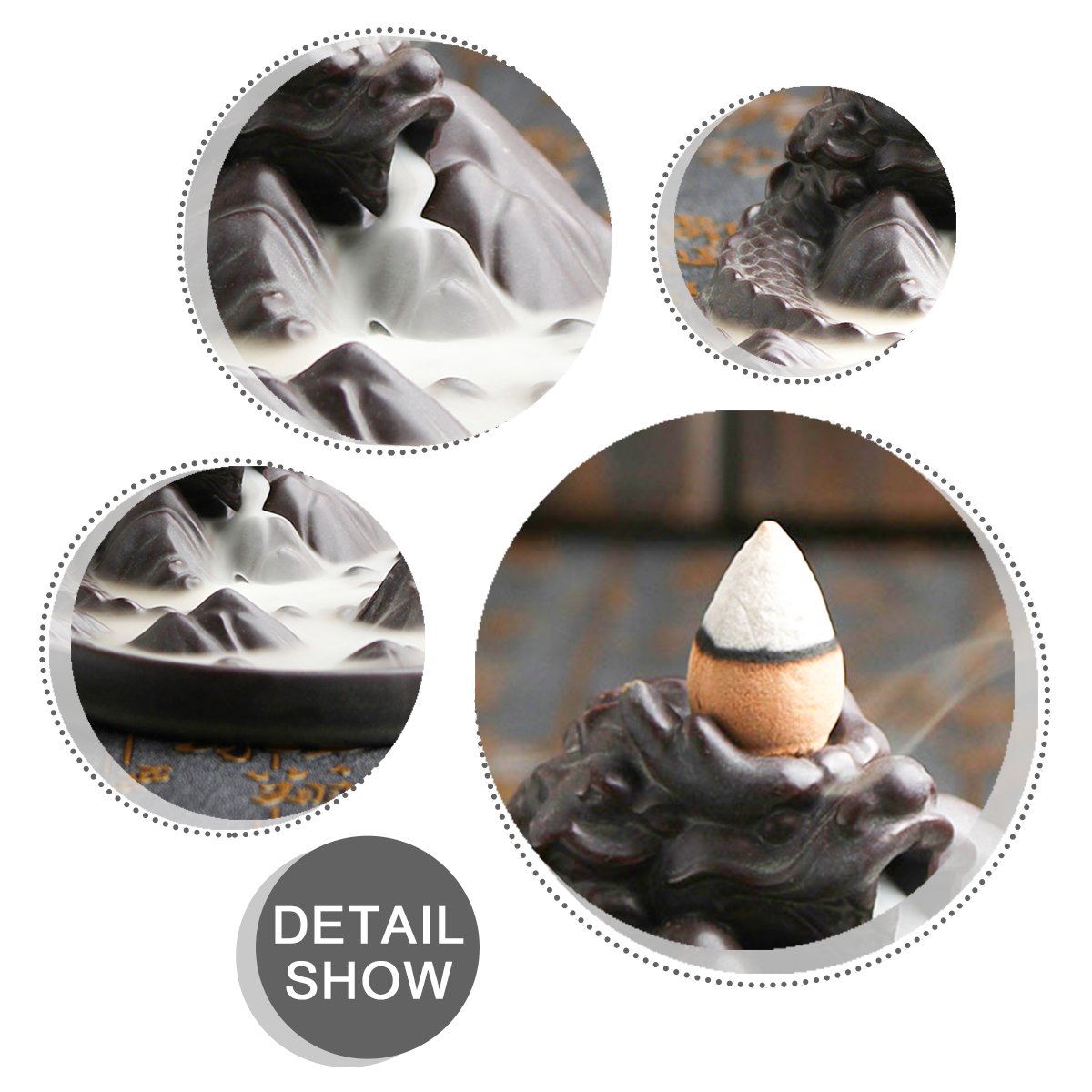 Jeteven Dragon Backflow Incense Burner with Cones Ceramic Dragon Incense Holder \'\'Dragon Mountain\'\' 12.2 x 5.2cm