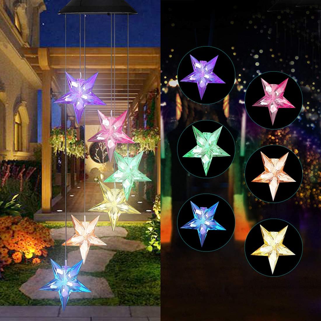 Vinkki Wind Chime Solar Light Color Changing LED Solar Mobile Blue Star Wind Chime Solar Light Wind Mobile Portable Waterproof Outdoor Decorative Romantic Wind Bell Light for Patio Garden Home Party : Garden & Outdoor