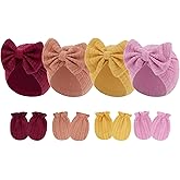 JOTDEW 4 Pcs Newborn Hats Mittens Set Infant Cap Bow Hospital Beanie Preemie Hat for Baby Boy Girl 0-6