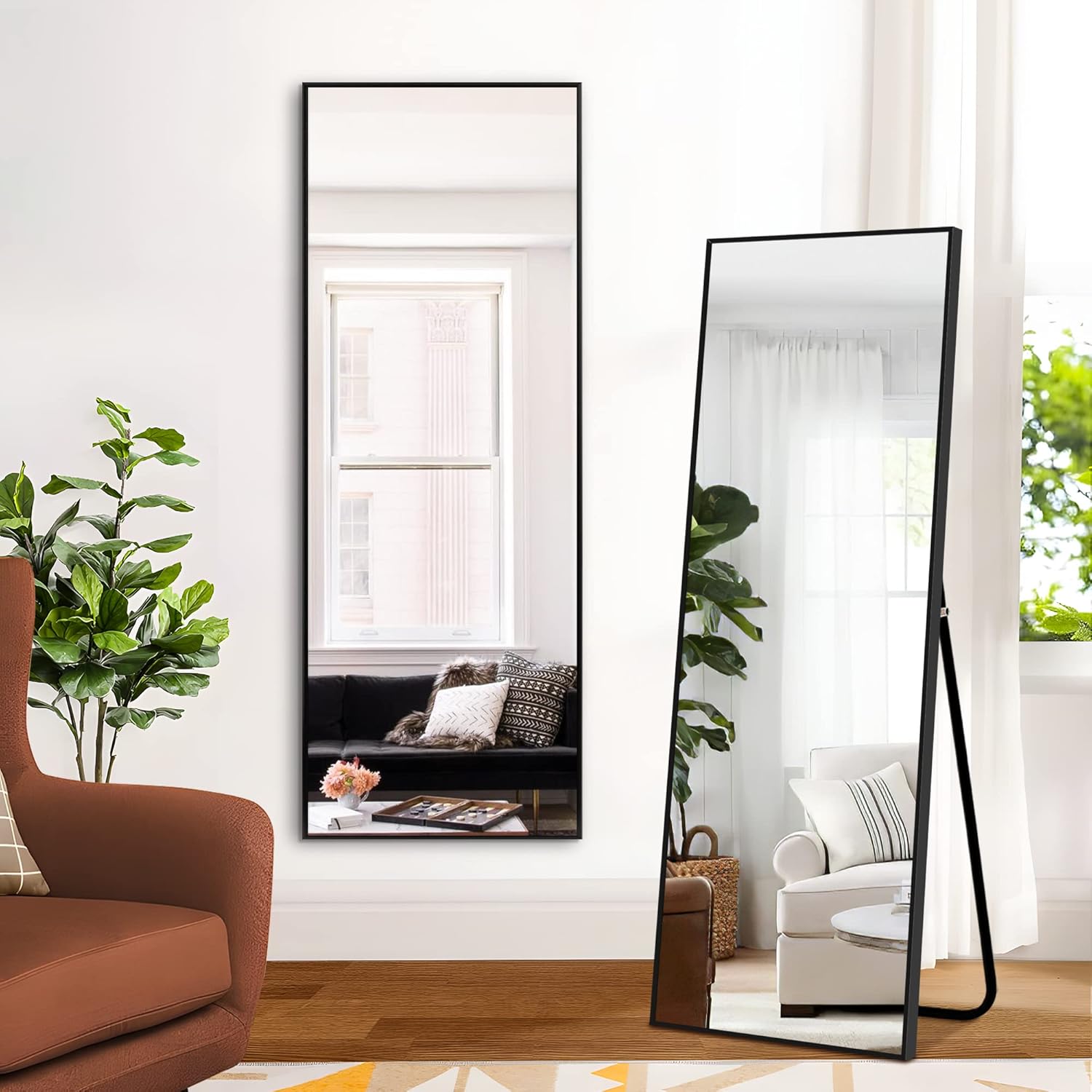 Mirrors - PexFix Full Body Mirror Full Length Mirror with Black Aluminum Alloy Frame Mirror Full Length with Stand Wall Mounted Mirror Hanging Mirror for Wall Bedroom Bathroom Living Room Decor,43