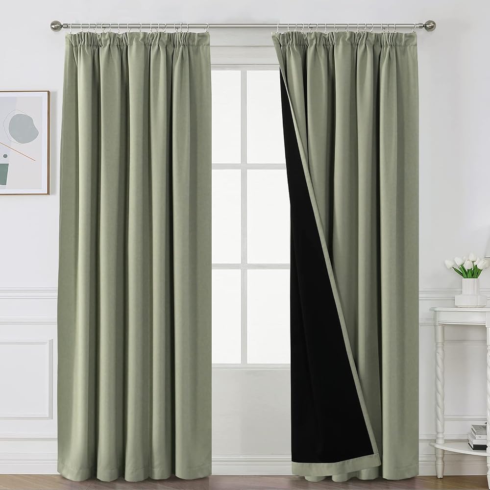 BellaHills 100% Blackout Curtains 90x90 Pencil Pleat Pair Thermal Insulated Sage