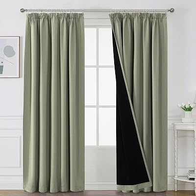BellaHills 100% Blackout Curtains 90x90 Pencil Pleat Pair Thermal Insulated Sage