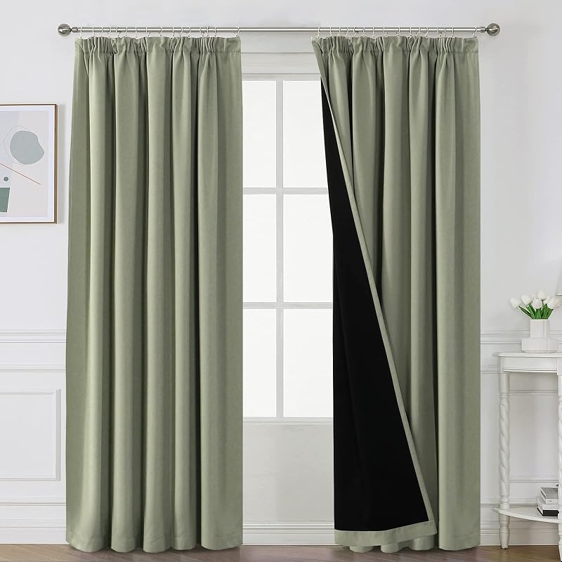 BellaHills 100% Blackout Curtains 90x90 Pencil Pleat Pair Thermal Insulated Sage