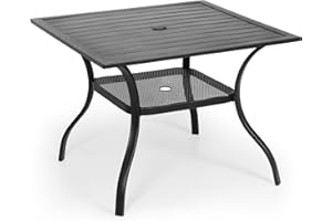 Crownland Outdoor Furniture Dining Table 37" x 37" Metal Frame Patio Table Patio Furniture for 4 Person Square Steel Slat Tabletop with 1.57" Umbrella Hole for Garden Porch, Classic Black