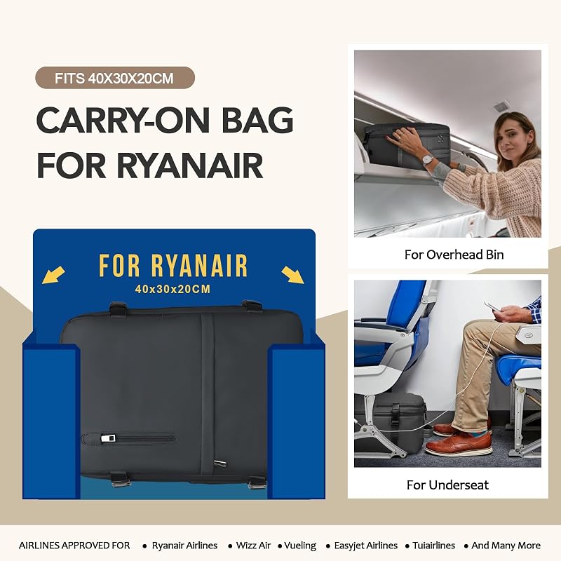 Sac à dos pour bagage à main - 40 x 30 x 15 cm - Pour Ryanair sous le siège - Petit sac de voyage pour femme - Sac à dos d'avion, gris clair, 40x30x20cm, Sacs à dos de voyage