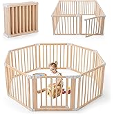Gewitt Foldable Wooden Playpen, Large Baby Wood Playpen with Locking Gate for Babies and Toddler 1-3 Year, Portable Play Yard for Activity Center Indoor Outdoor(Wood, 8 Panel)