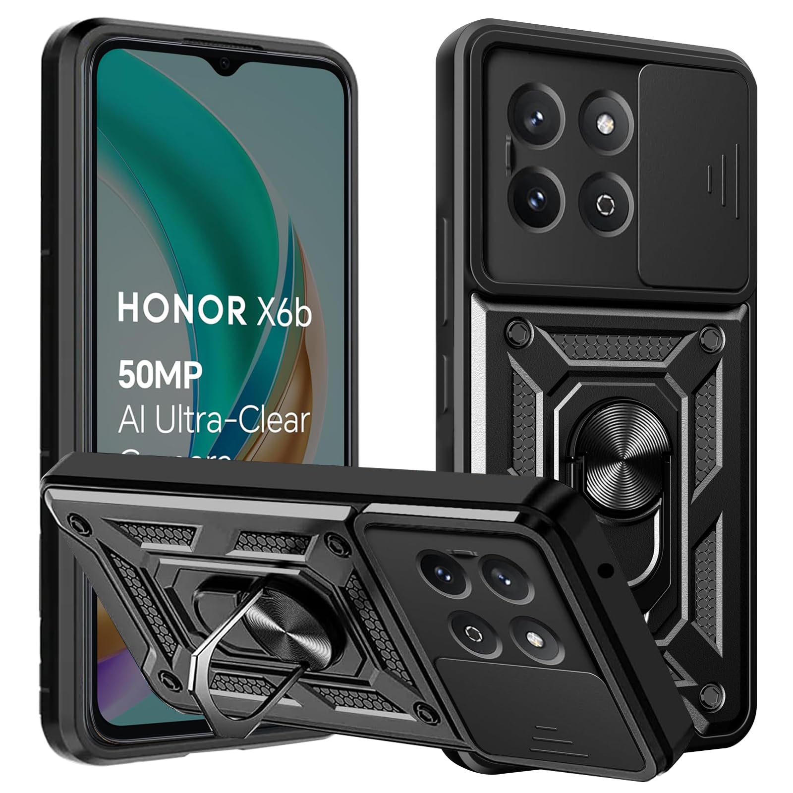 KZIOACSH Case for Honor X6B 4G, [360 Rotaring Kickstand][Slide Camera Cover] Hybrid Soft TPU Frame+ Hard PC Back Case Military Grade Anti-Scratch Shockproof Rugged Bumper Phone Cover,Black